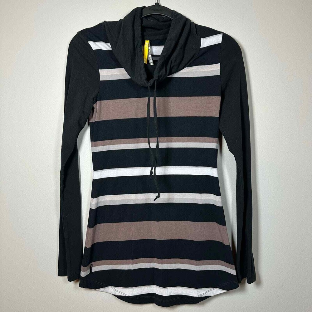 Lole XS Cowl Neck Top Black Striped Long Sleeve Organic Cotton Drawstring Tunic
